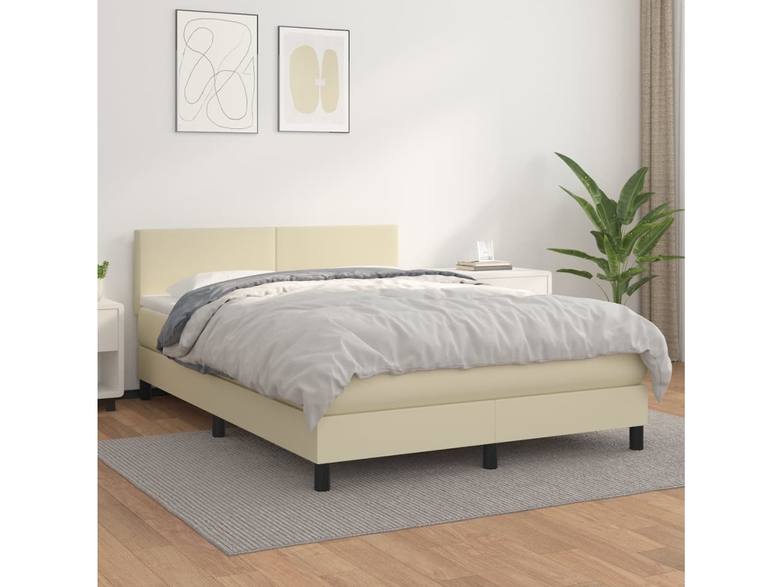Syfax™ Cama Box Spring Con Colchón Cuero Sintético Crema 140x200cm