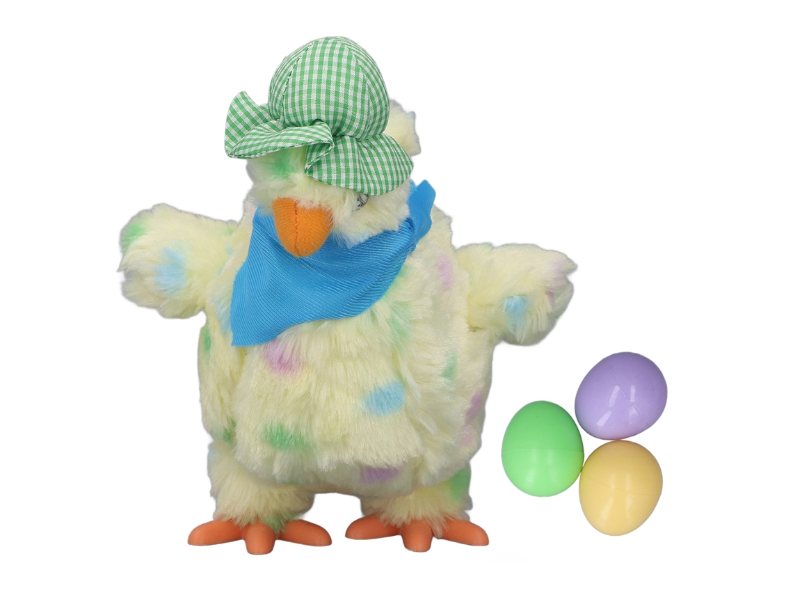 Juguete De Pollo De Peluche Eléctrico Que Pone 3 Huevos Bailando Con Música 30cm Punto Amarillo Claro