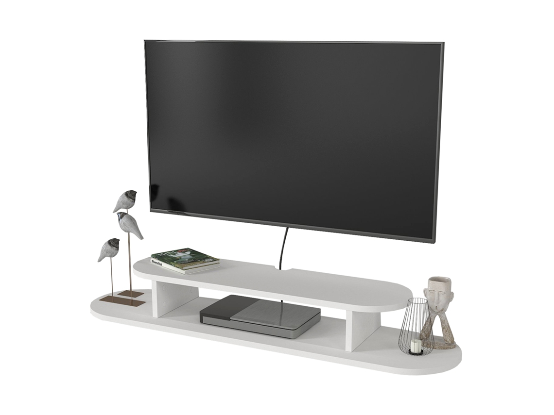 Mueble de TV bajo, con combinación de blanco y negro de alto brillo. Diseño con bloques de color, cajones, compartimentos y diversos espacios. Ehstmind