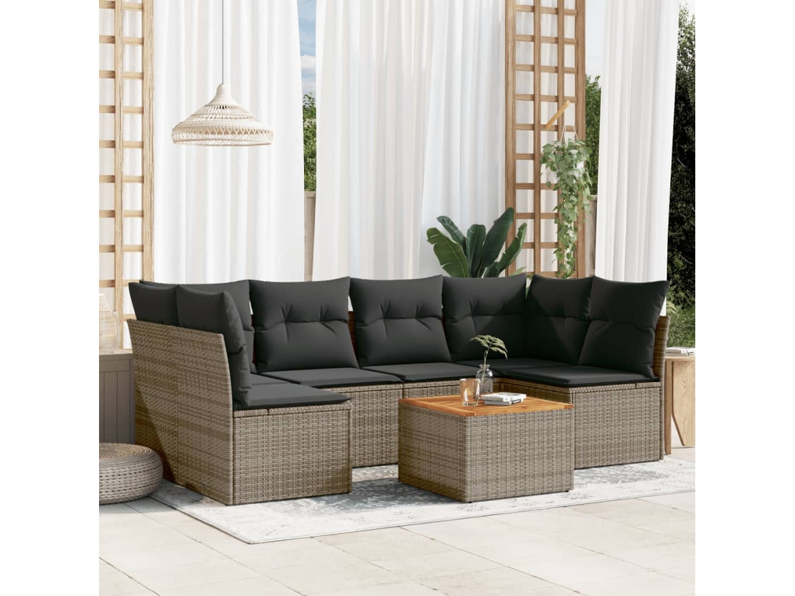 Conjunto de sofá de jardín de 7 piezas con cojines, mimbre gris, DKD Home Decor