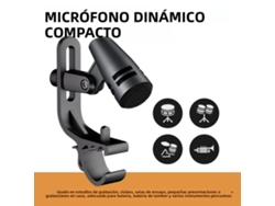 Micrófono dinámico (pieza única), apto para tom-tom y caja, patrón polar cardioide, con clip y soporte.