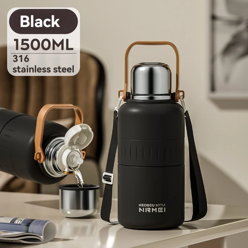 (negro, 1500 Ml) Botella De Agua Isotérmica De Acero Inoxidable Con Asa Y Pajita, Con Aislamiento Al Vacío, Apta Para Agua Fría Y Caliente.