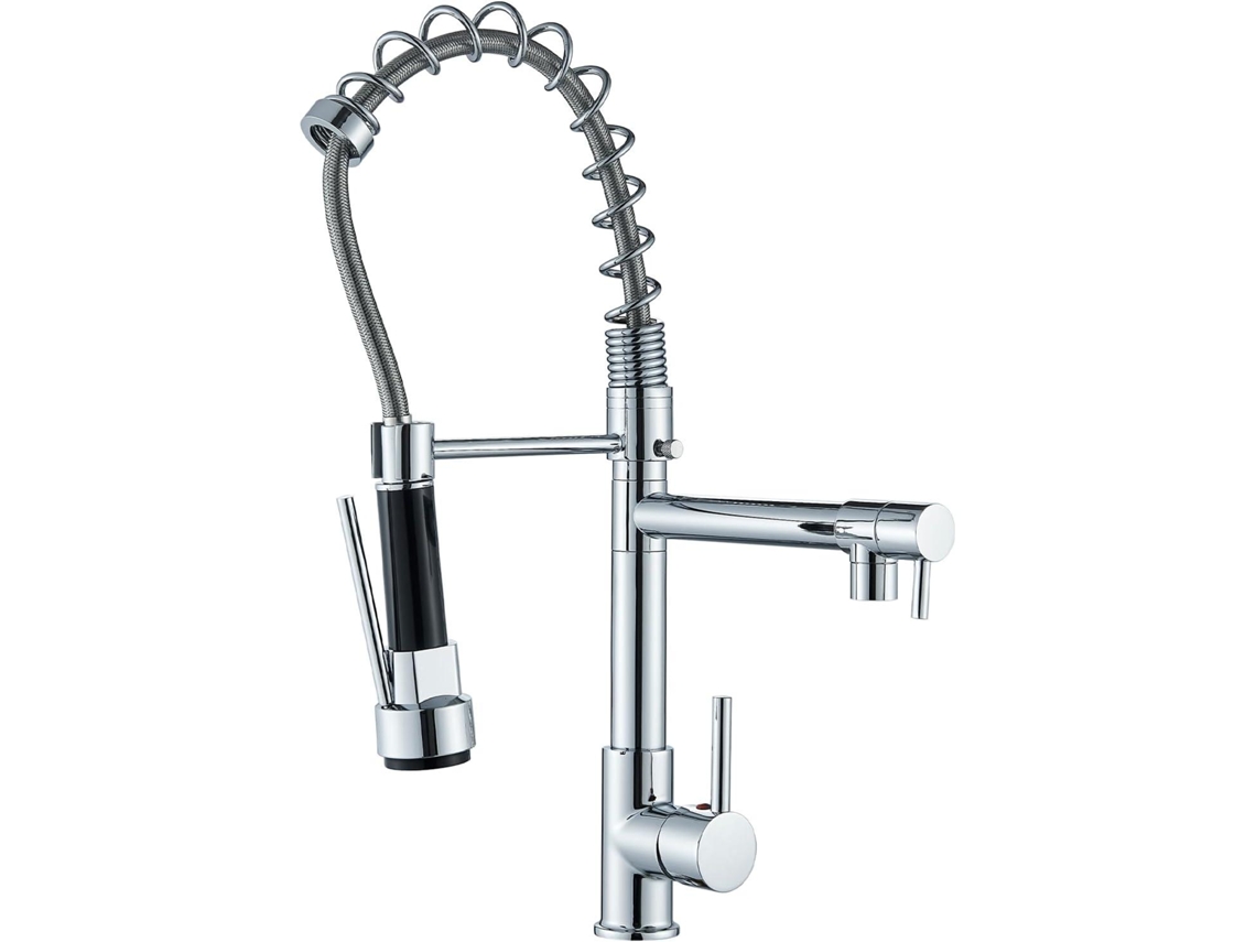 Grifo MDUG de acero inoxidable con caño doble, cabezal de ducha extensible y rotación de 360°.