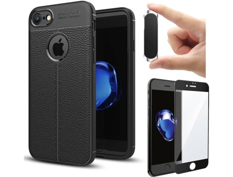 Carcasa + Protector + Soporte iPhone 8 Rugged Leather Negro