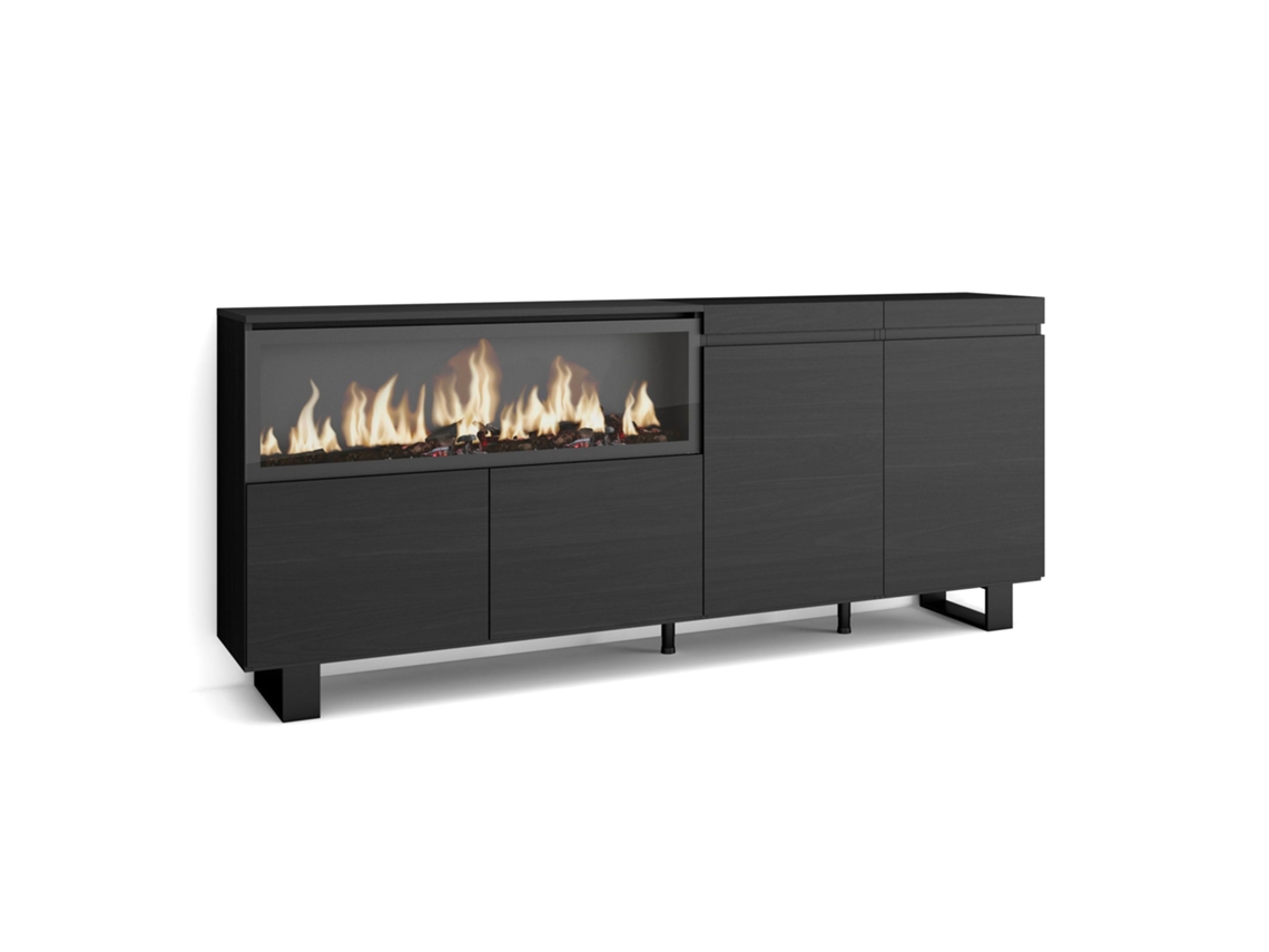 Aparadores para salón, 210, 4 Puertas, Chimenea eléctrica XXL, Diseño industrial, Negro SKRAUT HOME