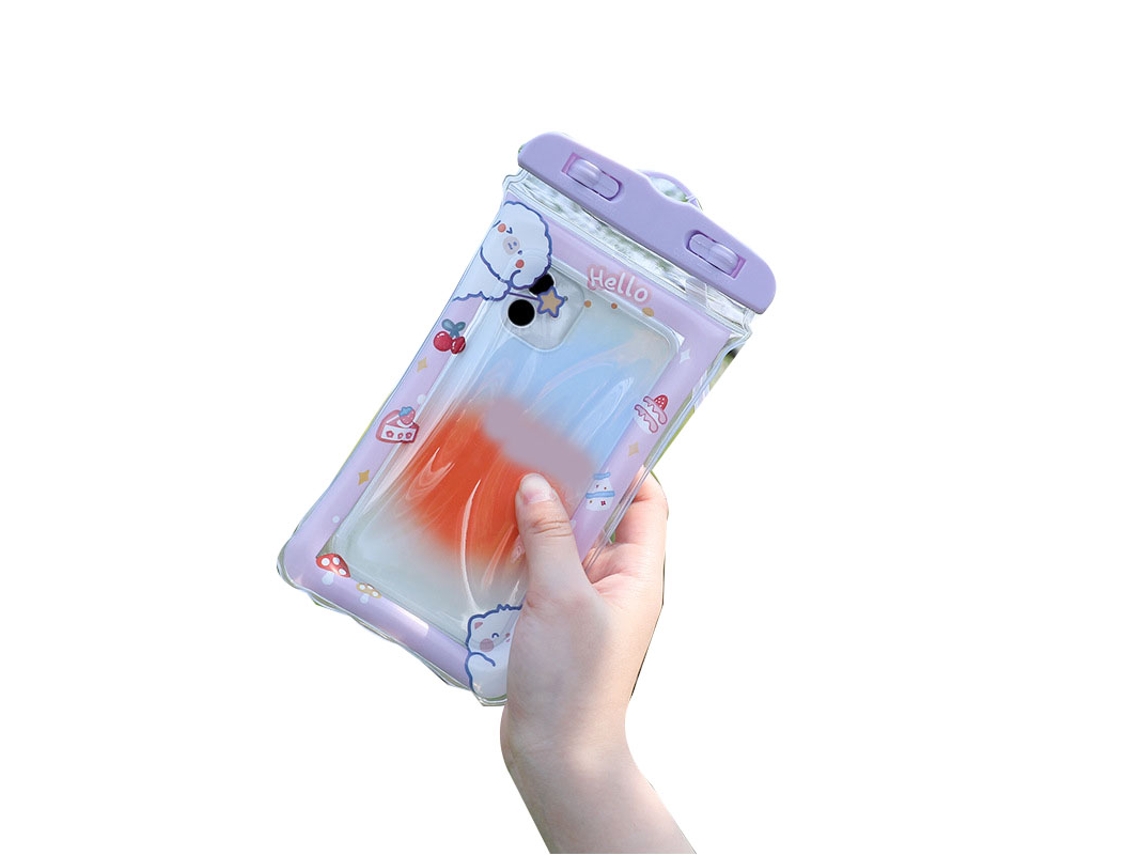 Funda impermeable para teléfono con diseño de gato morado y cordón.