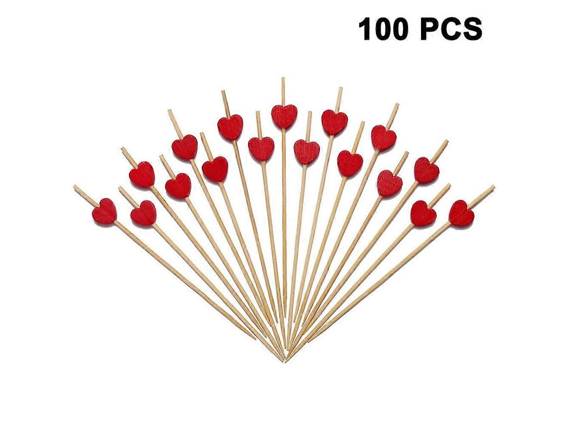 Palillos de cóctel para aperitivos, palillos de cóctel de bambú con elegante diseño de corazón rojo, palillos de dientes decorativos para