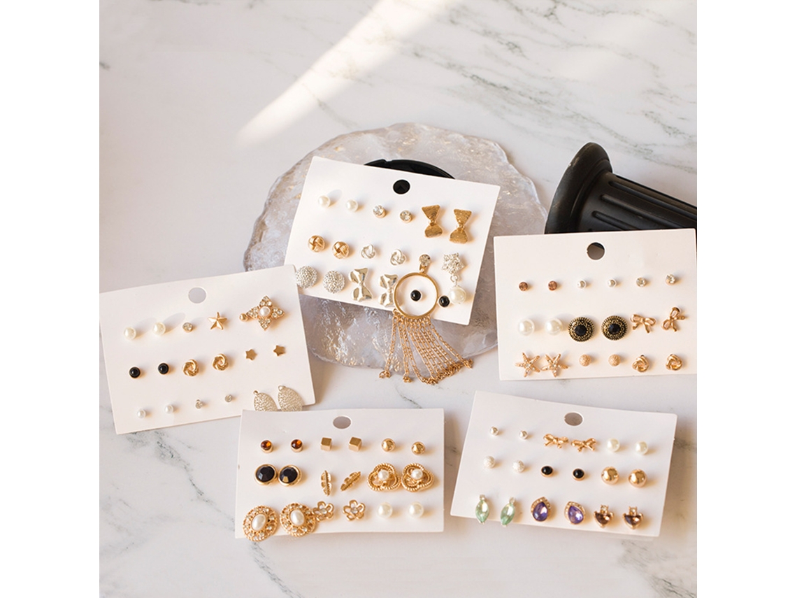 9 Pares De Pendientes De Aleación De Oro Con Diamantes Y Perlas Hipoalergénicas