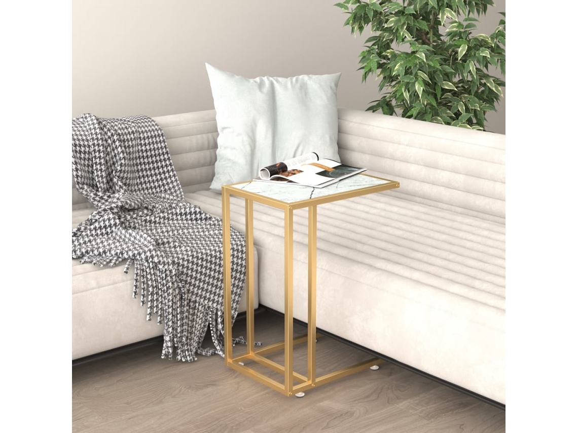 Mesita auxiliar | Mesa de centro | Escritorio para ordenador para salón, mármol blanco, 50x35x65cm, cristal templado