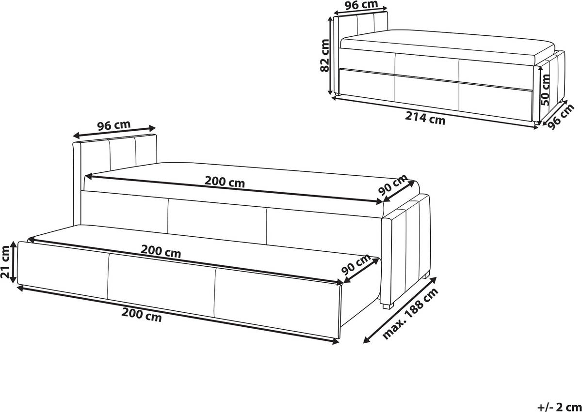Cama Doble Marmande 132749 (Compatible con Colchón: 90x200 cm cm) Marmande (Gris - Poliéster -214x96/188x82 cm)