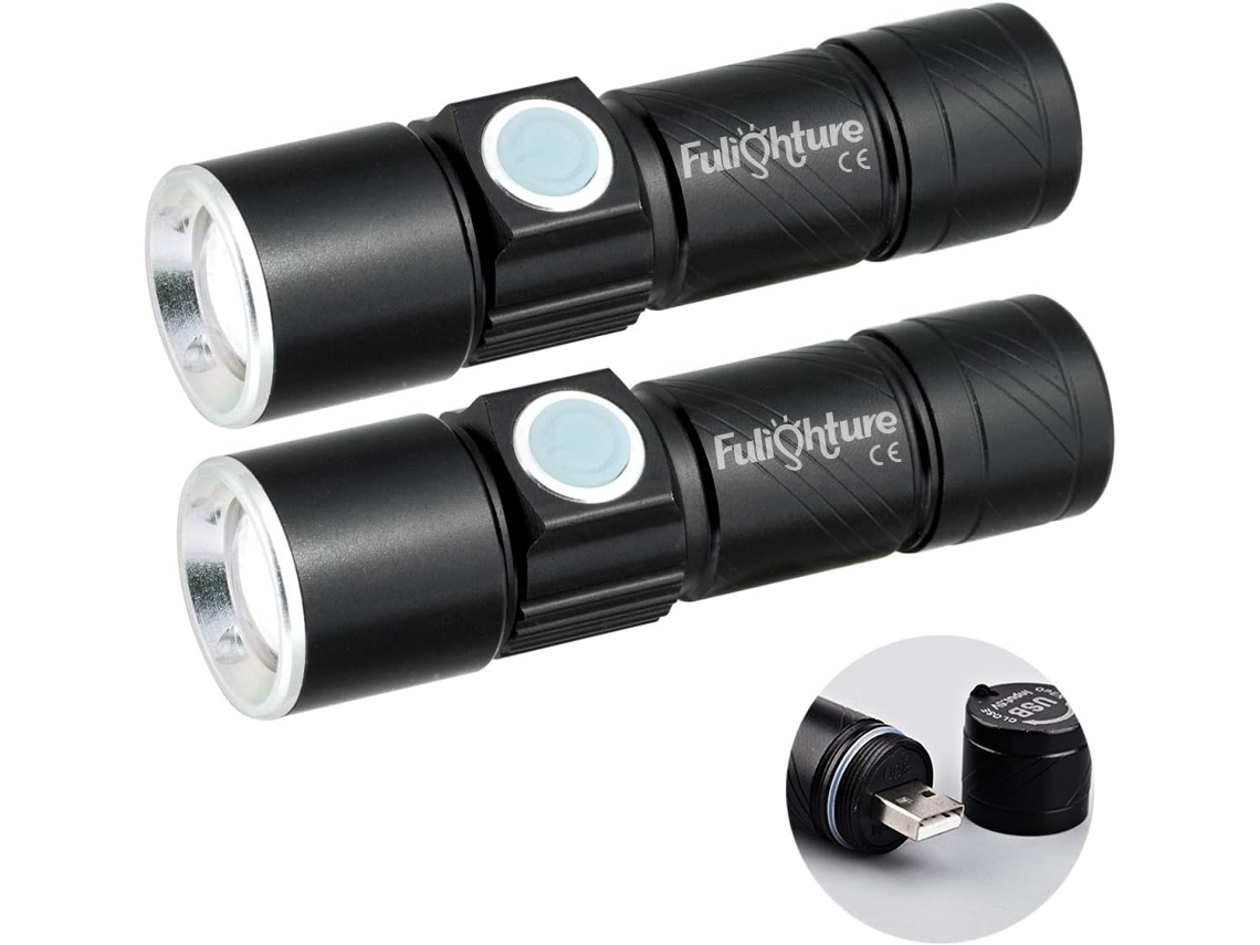 Linternas de bolsillo LED, 350 lúmenes, 3 modos, USB, pack de 2, para camping y pesca
