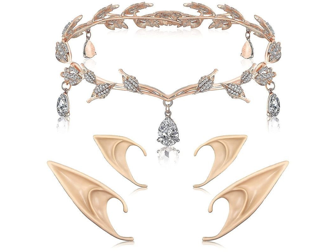2026-diadema De Hoja Con Piedras Rhodas Y Orejas De Elfo Para Boda Fiesta Cosplay Novia Prom (oro Rosa)
