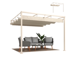 Pérgola de jardín de 3x3 m con techo retráctil, protección UPF30+ y barandilla de jardín exterior color beige.