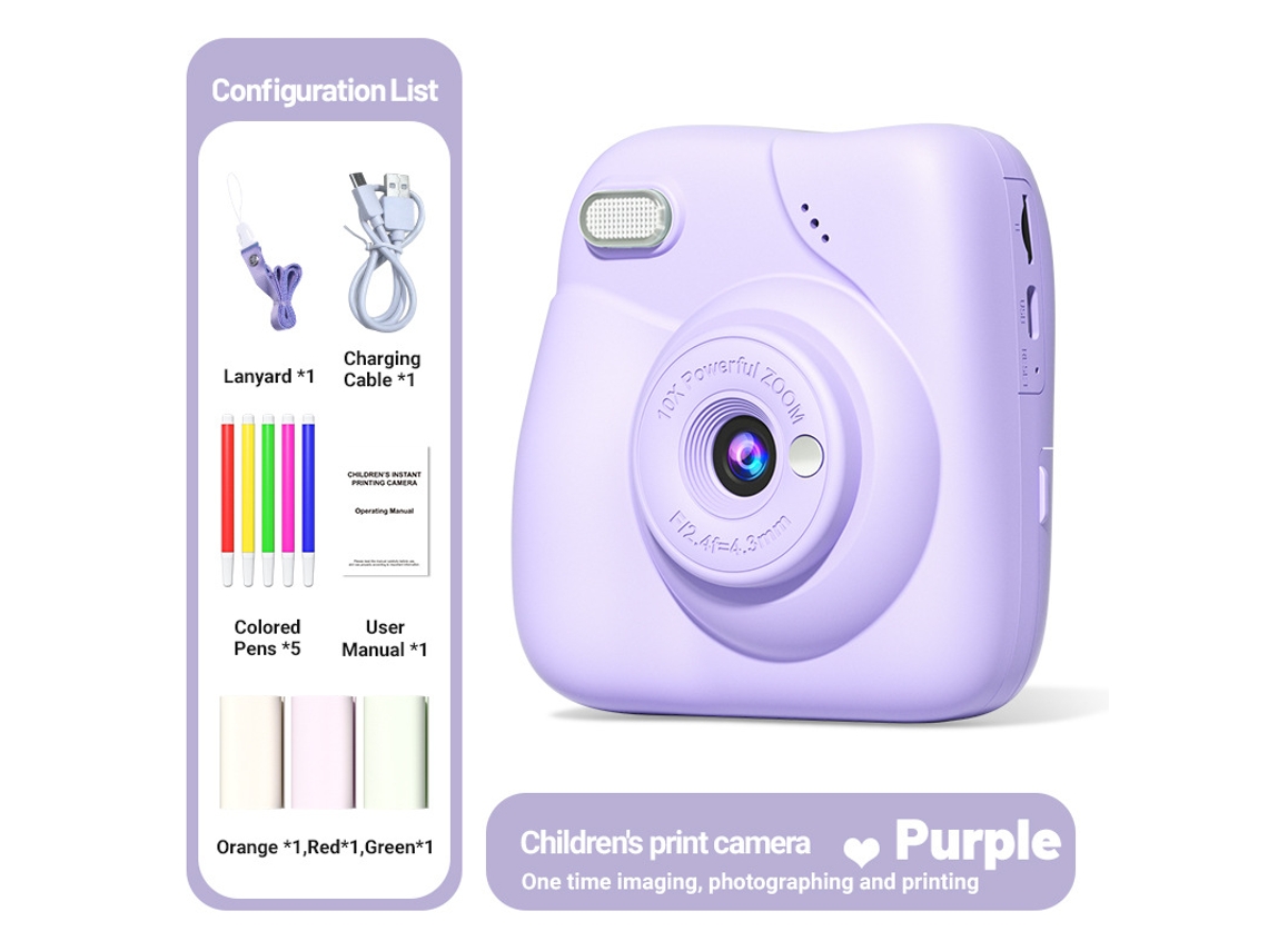 Cámara instantánea Eifson de 2.0 pulgadas, zoom 10x, 1080p, con tarjeta de 32 GB, papel térmico y lápices de colores (morado)
