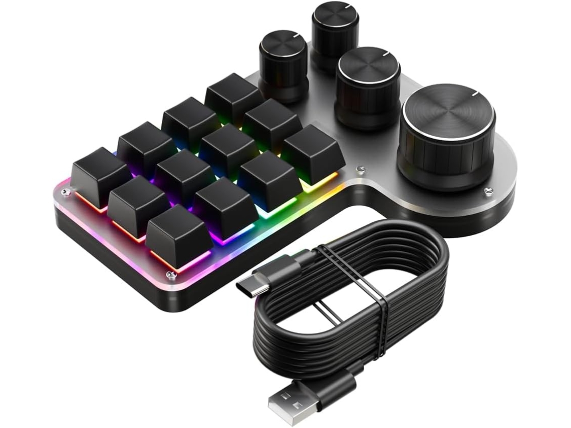 Mini Teclado Personalizable De 12 Teclas Con 4 Botones Rgb, Bluetooth, Mecánico, Programación De Macros Hotswap, Color Negro.