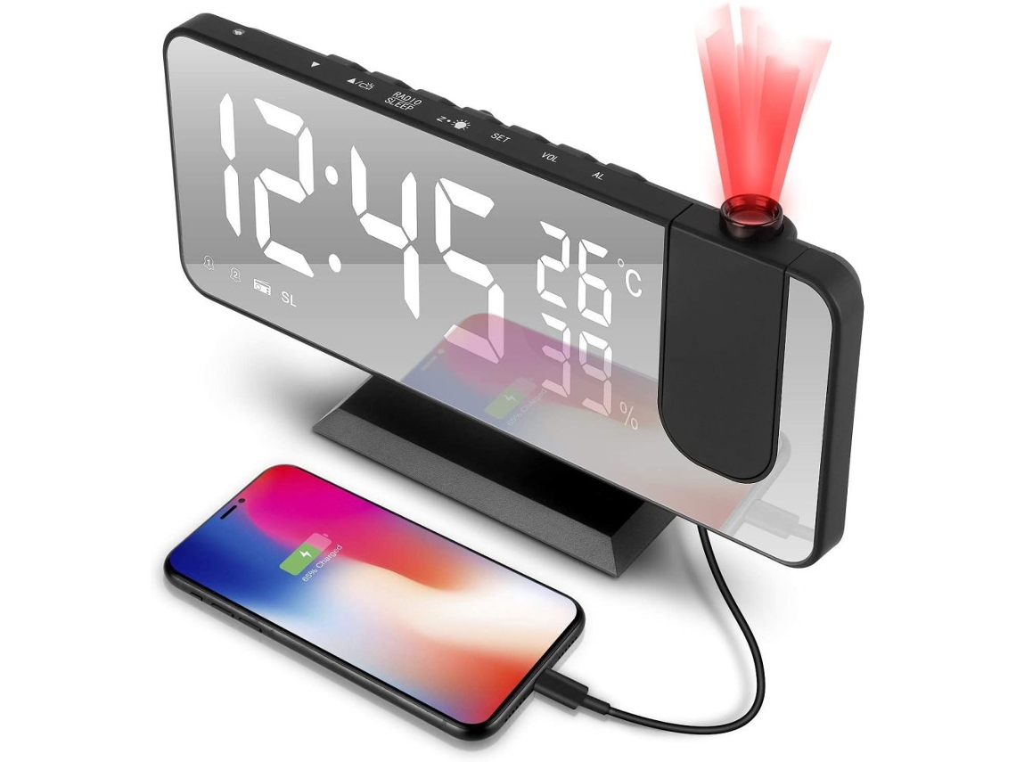 Despertador LED digital, proyección 180°, radio FM, pantalla grande, alarma doble, 4 niveles de brillo, USB Kofihety