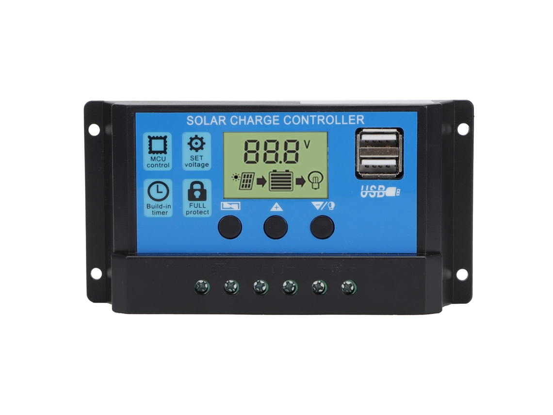Controlador de carga solar adaptativo PWM para sistemas aislados, 12V/24V 10A, con MPPT y protecciones de reinicio automático.