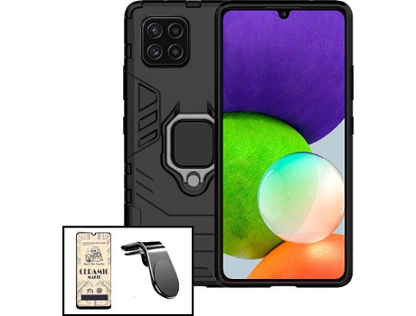 Kit Cristal Templado CeramicGlass Full Cover, Funda 3x1 Miltary Defender y Soporte Magnético L Safe Driving Coche Samsung Galaxy M22 PHONECARE Negro