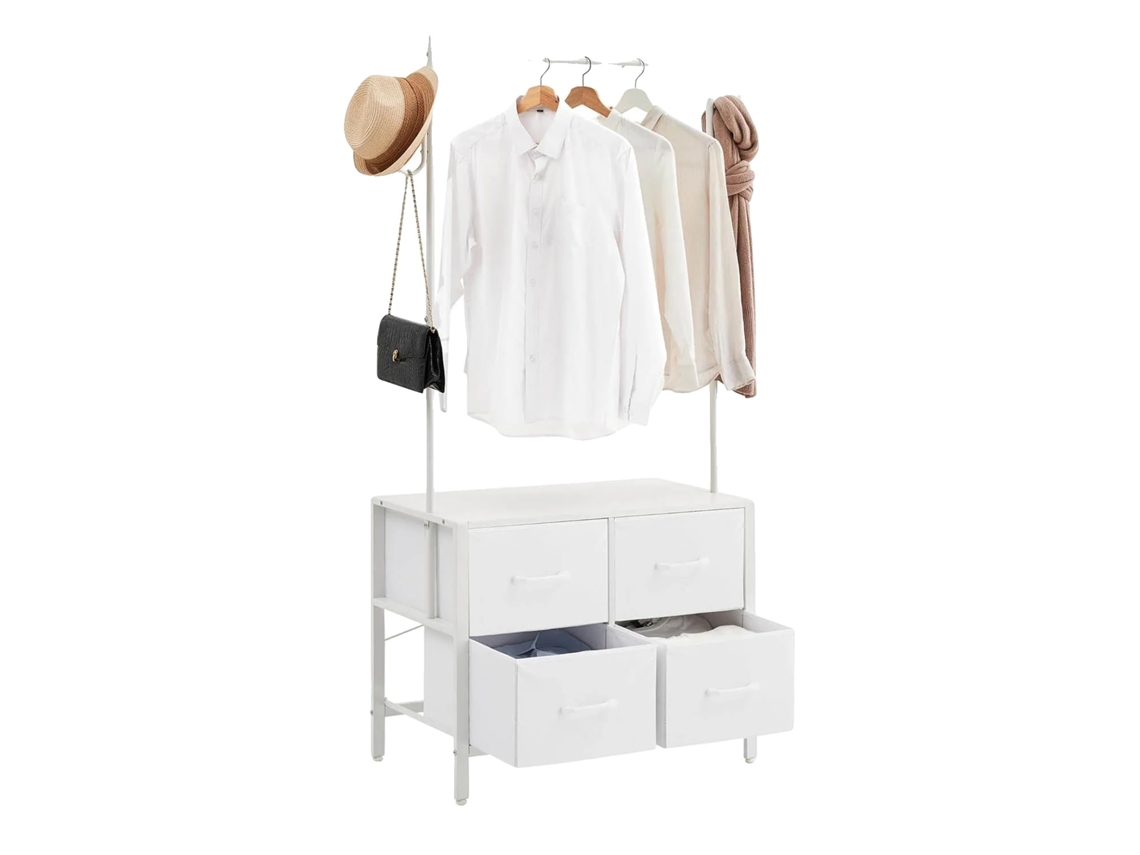 Percha para ropa, fabricada en MDF y metal resistentes, con un diseño elegante, color blanco.