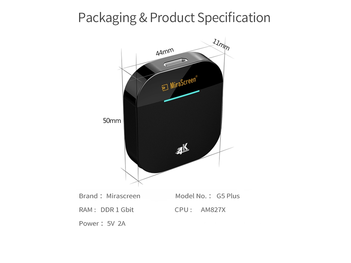 Receptor De Pantalla Wifi Mirascreen G5 Plus 2.4g/5g 4k Uhd Miracast Airplay Para Ios Android Pc Tv Stick Negro
