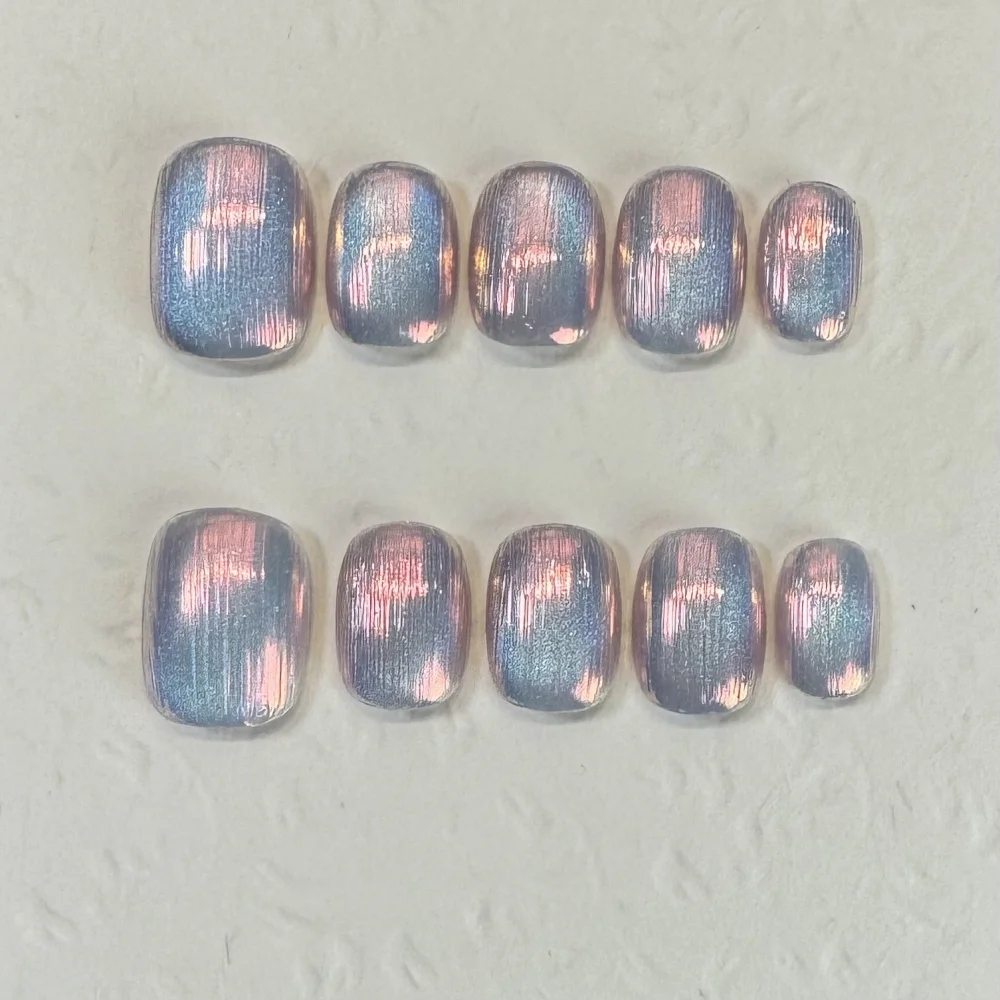 (503-s) 10 Uñas Postizas Rectangulares Cortas Hechas A Mano, Uñas Postizas Redondas Estilo Ojo De Gato.