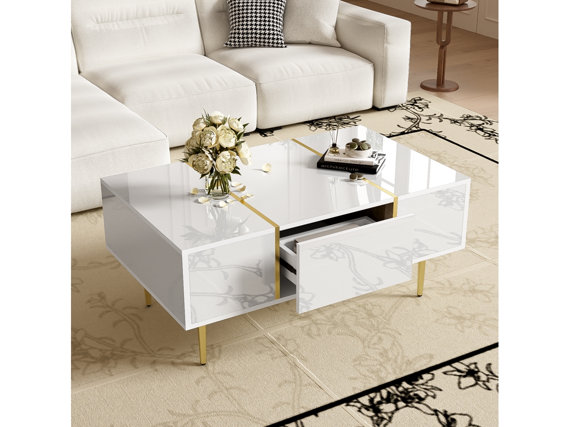 Mesa de centro QINGYU TECH blanca con acabado brillante, moderna y minimalista con 2 cajones.