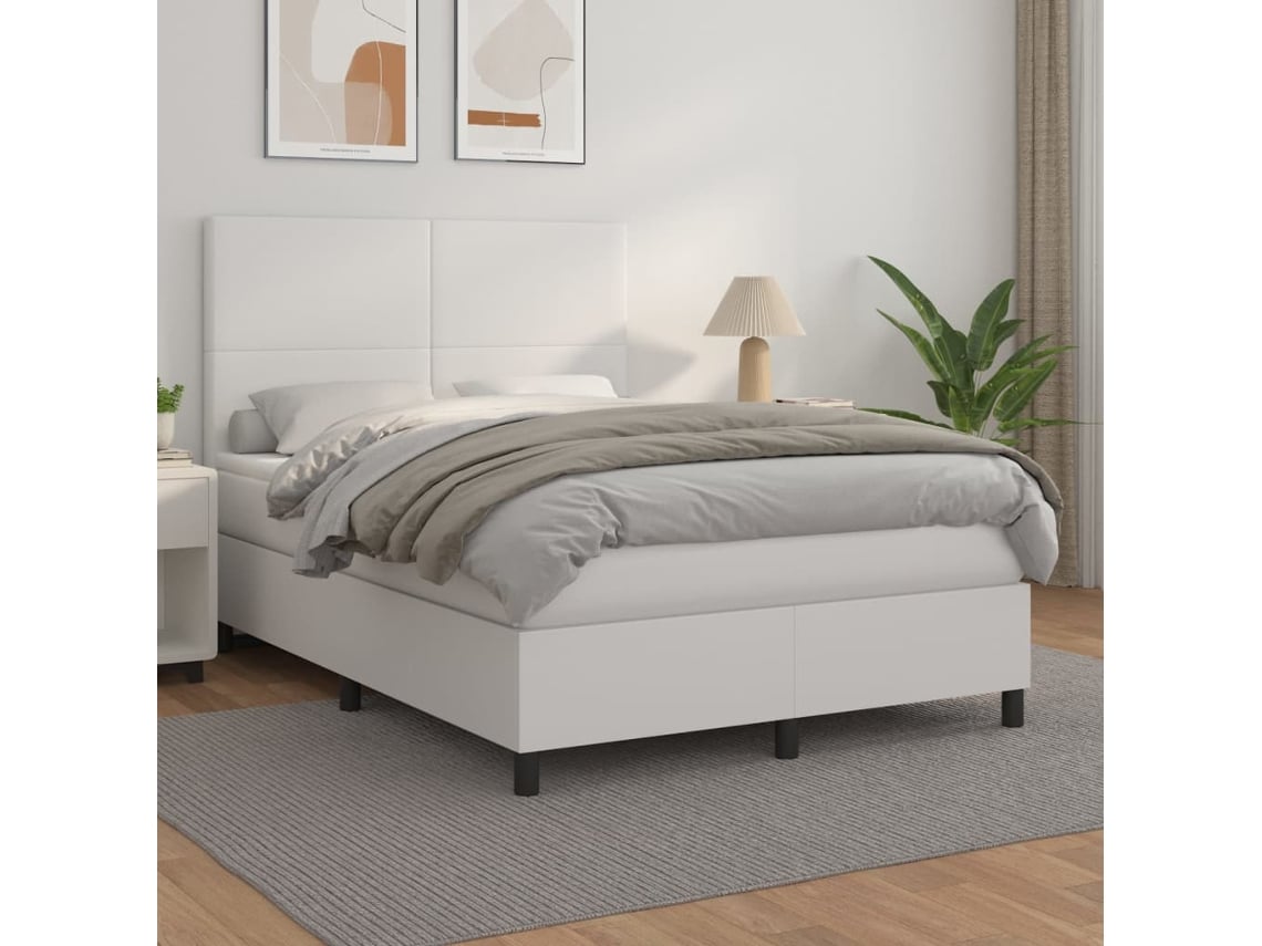 Cama Box Spring Con Colchón Cuero Sintético Blanco 140x190 Cm