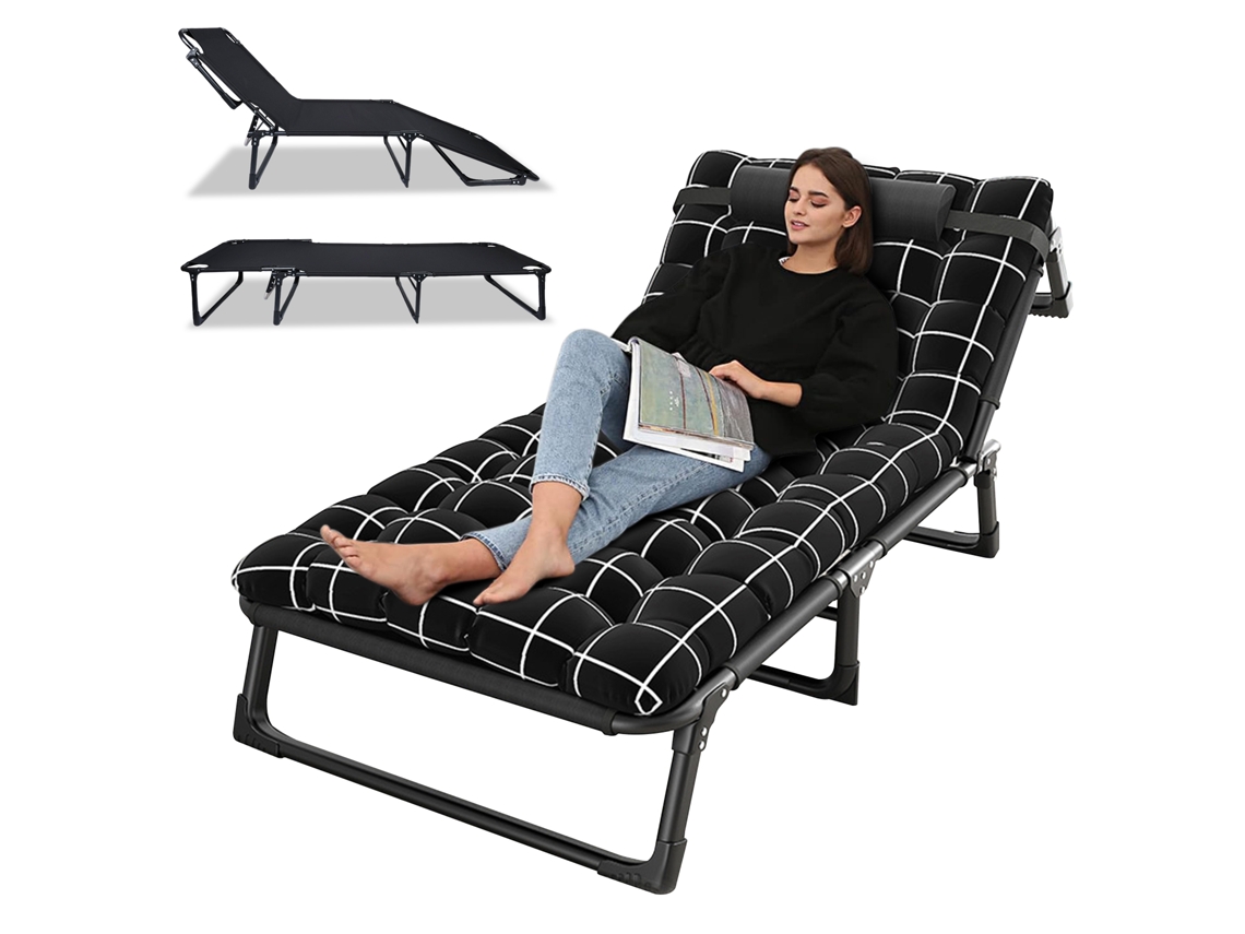 Tumbona plegable, tela Oxford, 4 posiciones ajustables, cojín extraíble, diseño ergonómico, negro, 190 cm x 75 cm x 30 cm Flasidu