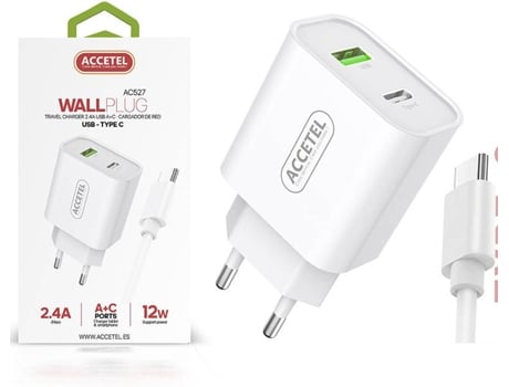 Kit Cargador para Xiaomi Poco X3 NFC ACCETEL AC527 (2.4A - 2 USB + Type-C - Type-C - Blanco)