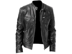 Fasst-chaqueta Moto De Cuero Falso Para Hombre Manga Larga Cremallera Collar Alto Casual