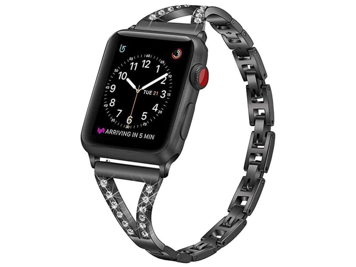 Bracelete Para Apple Watch 42/41/40/38mm - Aço Inoxidável Com Diamante E Padrão Espinha De Peixe Preto