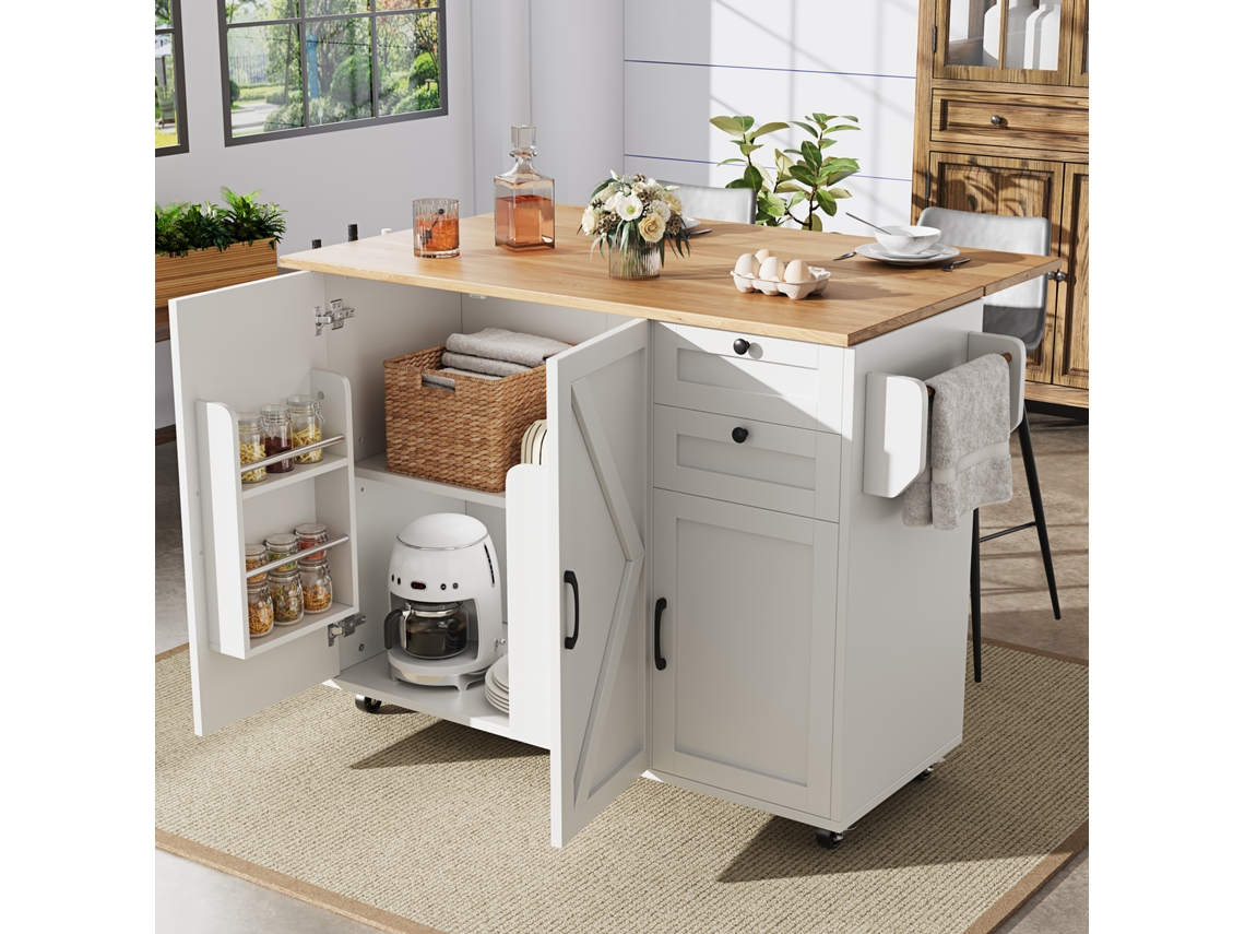 Isla De Cocina Moderna Con Armario Y Carrito Aparador, De Madera Blanca.