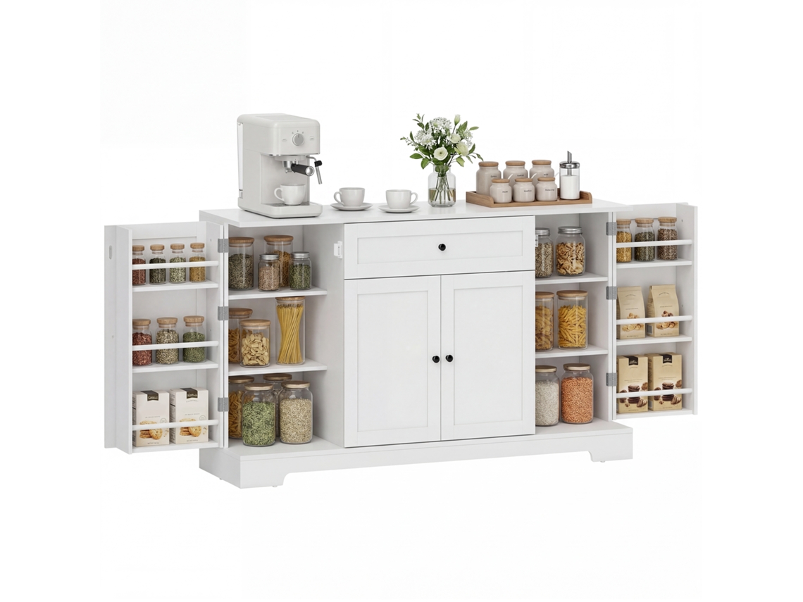 Aparador de cocina con cajón, 4 puertas, almacenamiento con cierre suave, blanco.