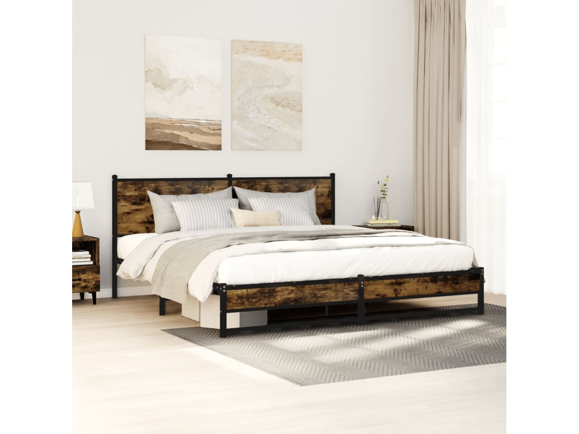 Estructura De Cama Sin Colchón Metal Roble Ahumado 183x213 Cm
