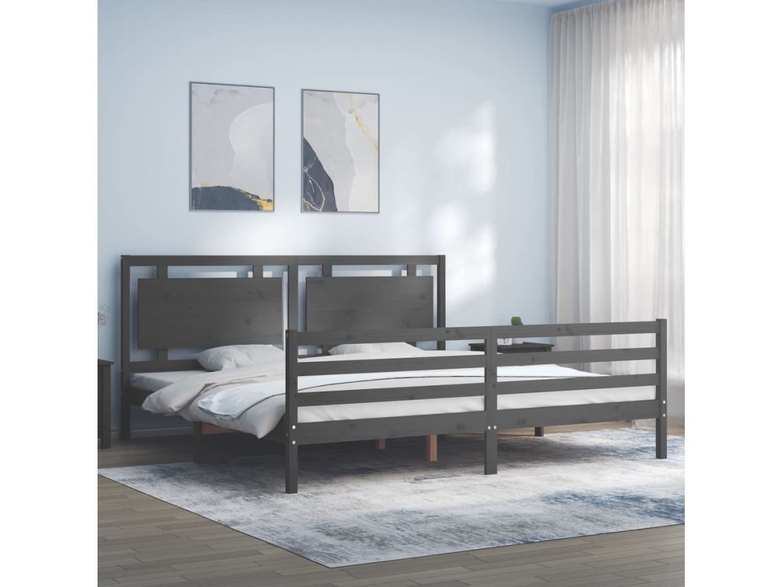 Estructura De Cama Con Cabecero Madera Maciza Gris 200x200 Cm