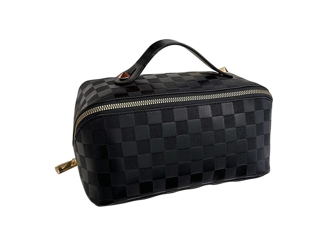 2026-bolsa De Maquillaje De Viaje Con Gran Capacidad Estampado Cuadros Tote De Almacenamiento (negro)