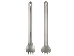 Tenedor y cuchara largos de acero de titanio para acampar al aire libre.