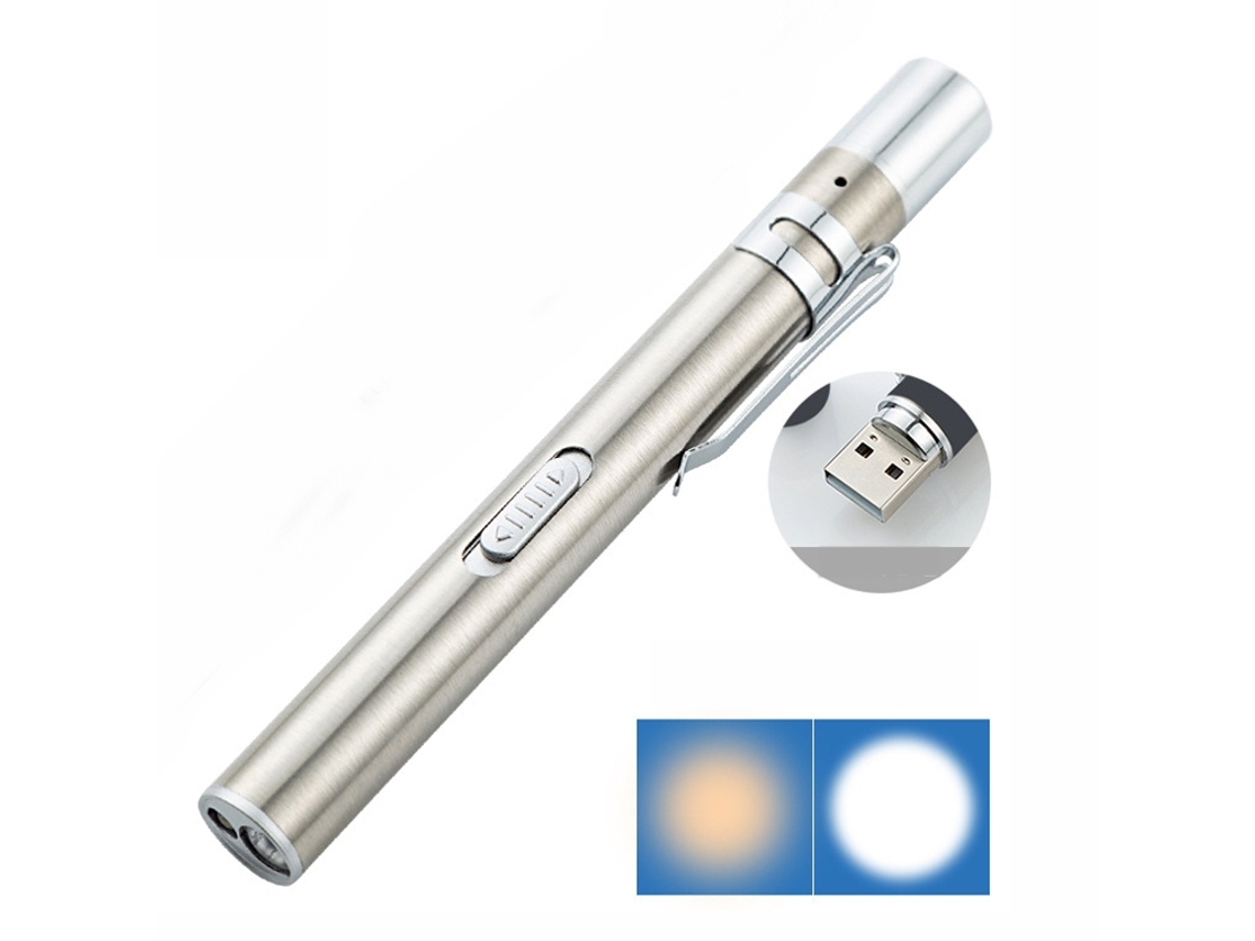 Linterna para pupila con luz amarilla y blanca, lámpara bucal con doble fuente de luz LED (plateada)