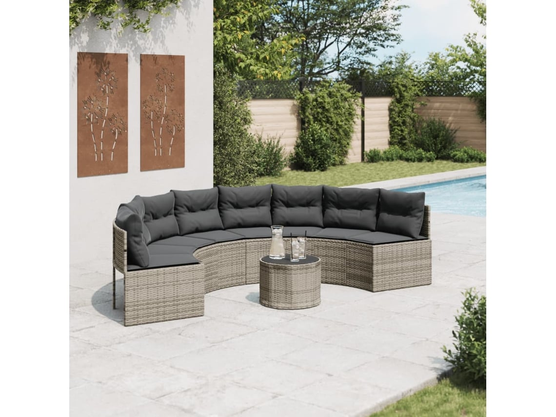 Sofá de jardín con mesa y cojines semicircular de mimbre gris Dkd Home Decor