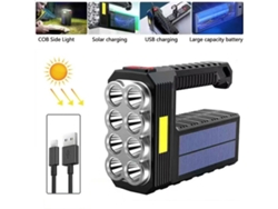 Linterna portátil de alta potencia con 8 LEDs, recargable vía USB y alimentación solar.