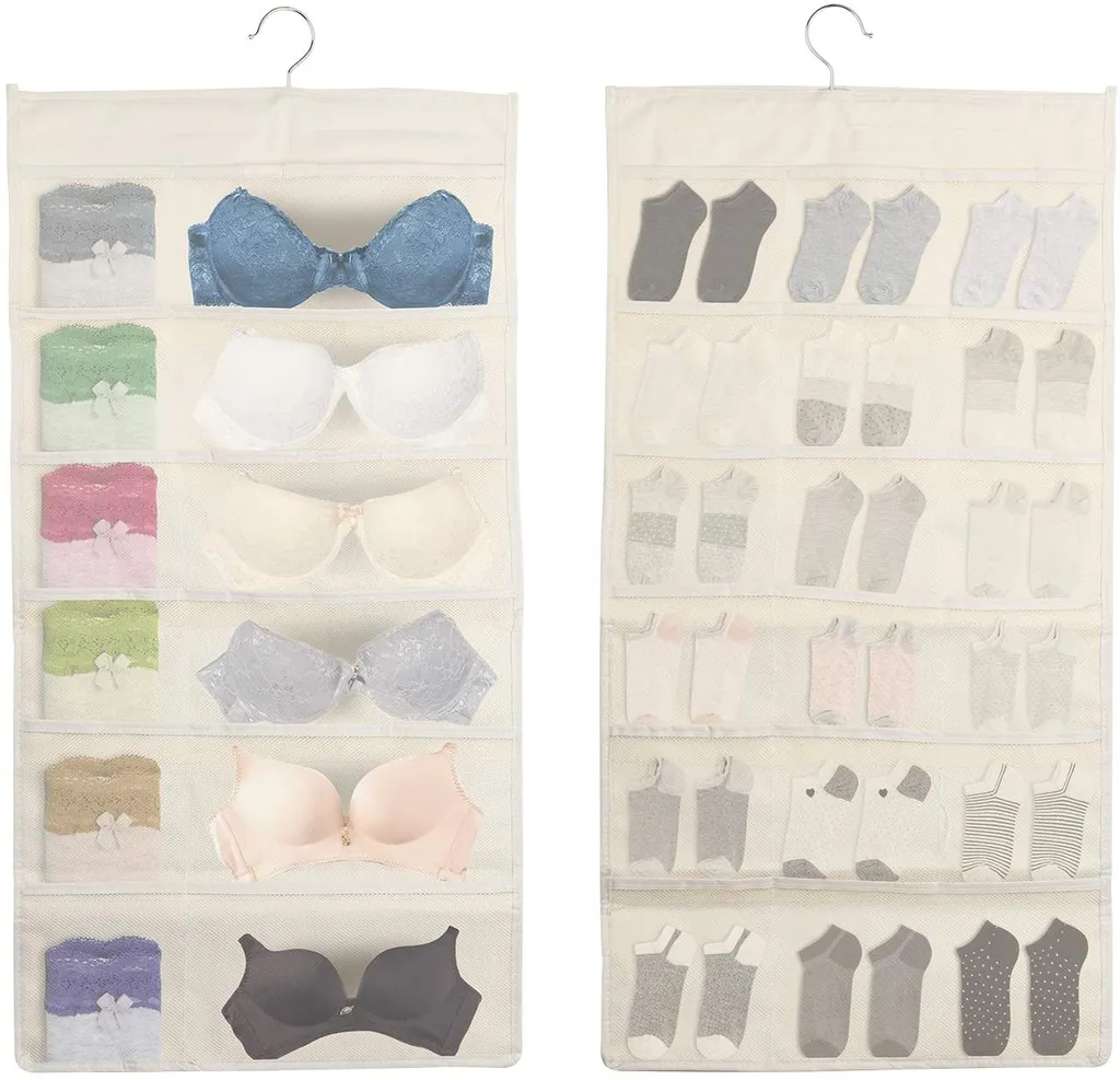 Organizador de doble cara para sujetadores, calcetines y bragas. Bolsillos de malla para sujetadores, calcetines, corbatas, joyas y artículos pequeños.