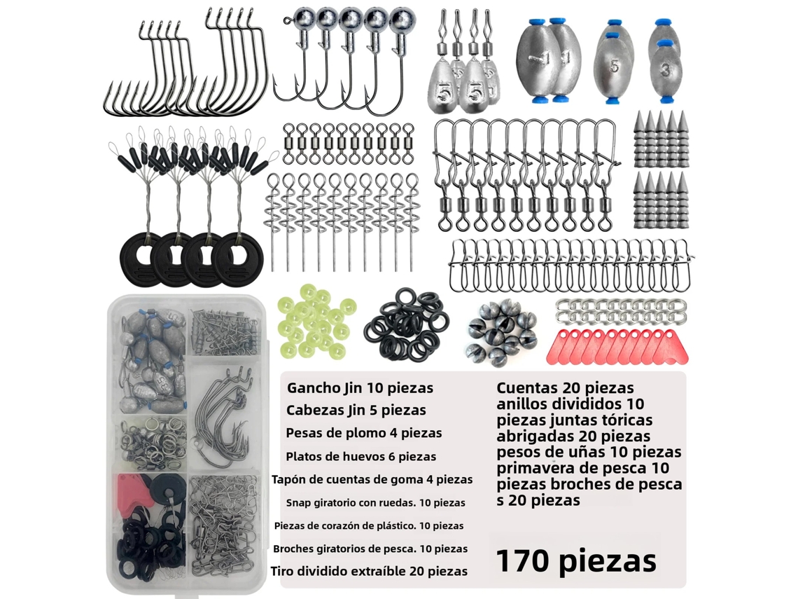 Kit de pesca profesional, incluye caja de bolas, anzuelos, plomadas y señuelos con forma de girasol. Mdug (juego de 170 piezas)