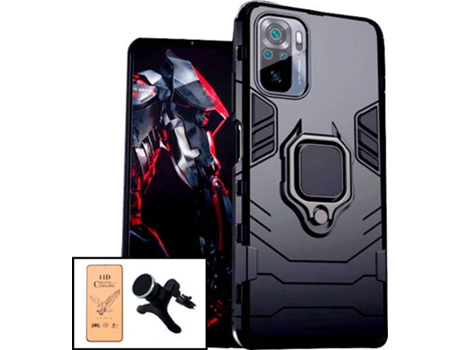 Kit Cristal Templado CeramicGlass Full Cover, Funda 3X1 Military Defender y Soporte Magnético de Coche Reforzado Xiaomi Redmi Note 10 PHONECARE Negro