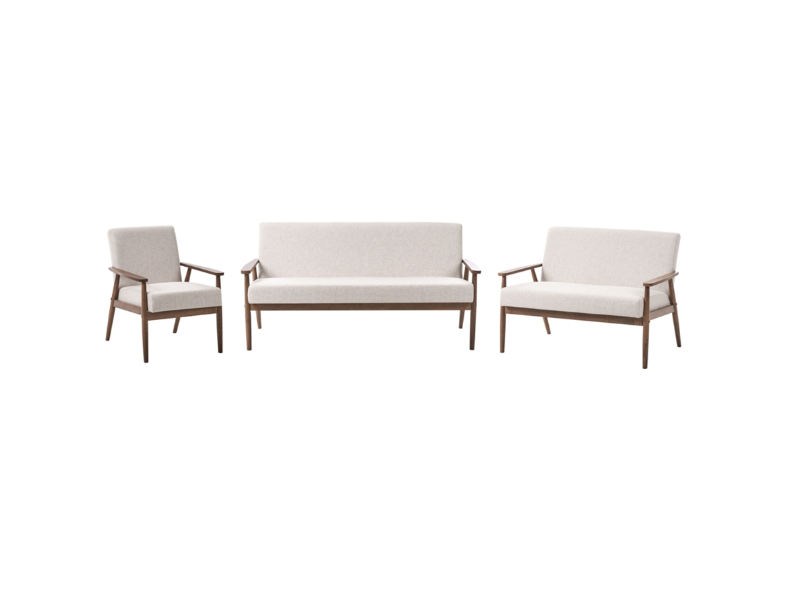 Conjunto de sofá y sillón retro tapizado Beliani Esrum con reposabrazos en tela color crema 151x72x79