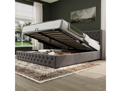 Cama Doble 180x200 Cm, Cabecero Tapizado Con Alas Laterales, Tachuelas Decorativas, Terciopelo Gris, Almacenamiento Hidráulico.