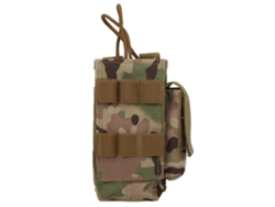 Esta bolsa para rádio walkie-talkie com sistema Molle é ideal para uso aquático, possui bolsos laterais camuflados e um suporte elástico para o cabo.