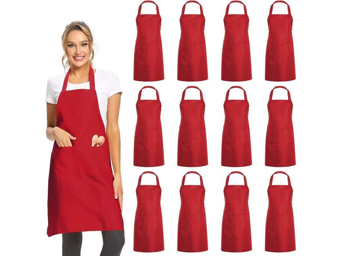 2026-40487-delantal De Cocina Unisex Rojo Pack 12 Con 2 Bolsillos Resistente Ligero Para Cocina Restaurante Bbq Manualidades