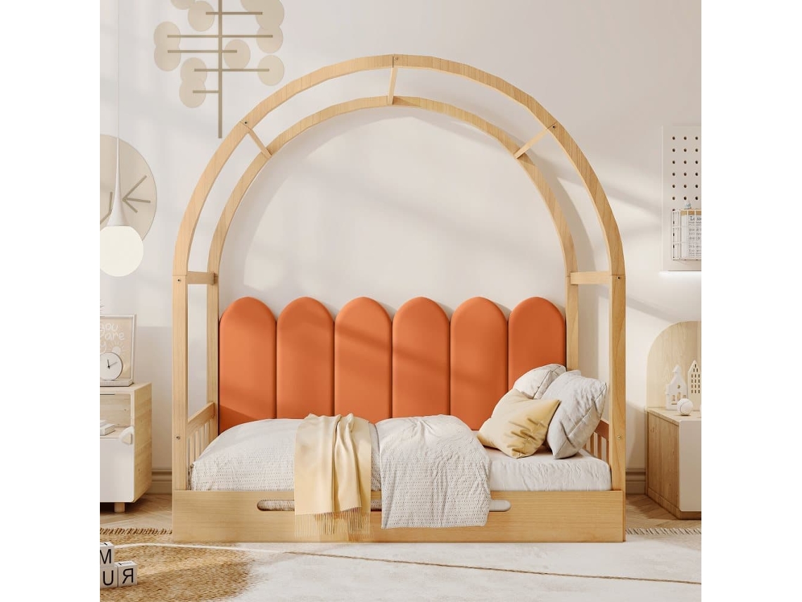 Cama Infantil Extensible 140x200cm - Con Dosel Arqueado, Nido Deslizante Y Cojines De Terciopelo - Natural Y Naranja