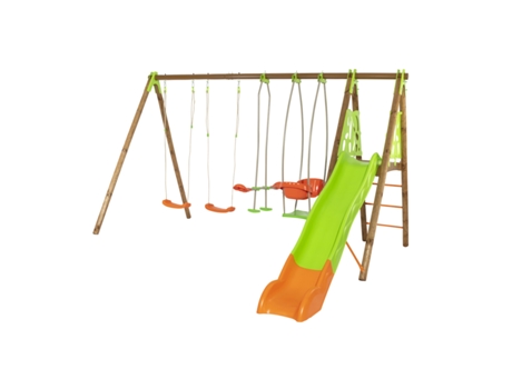 Multi-Actividades TRIGANO JARDIN Pórtico de Madera-Metal con 2 Columpios + 1 Asiento de Frente a Frente + 1 Cesta + 1 Plataforma con Tobogán J-1886...