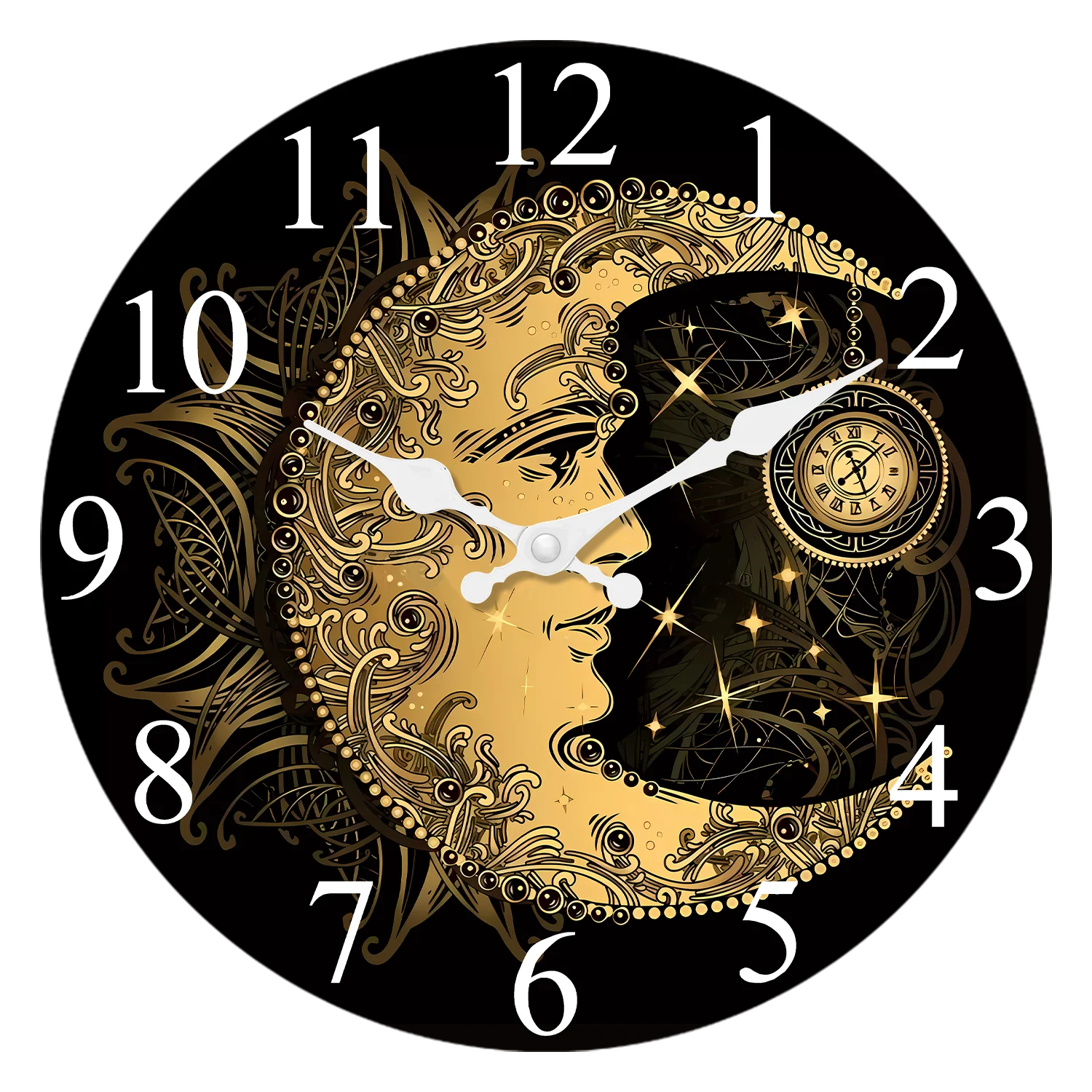 Reloj de pared artístico de madera (30 cm) con sol, luna y cielo estrellado, silencioso y con mecanismo de cuarzo.